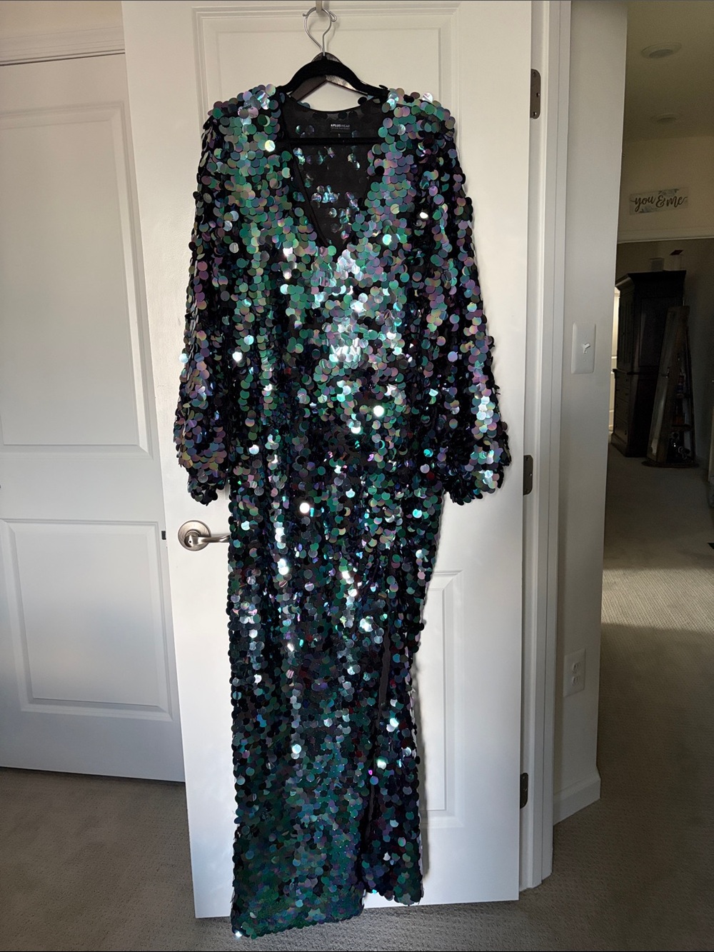 Iridescent Green Sequin Maxi Dress - V-Neck Evening Gown